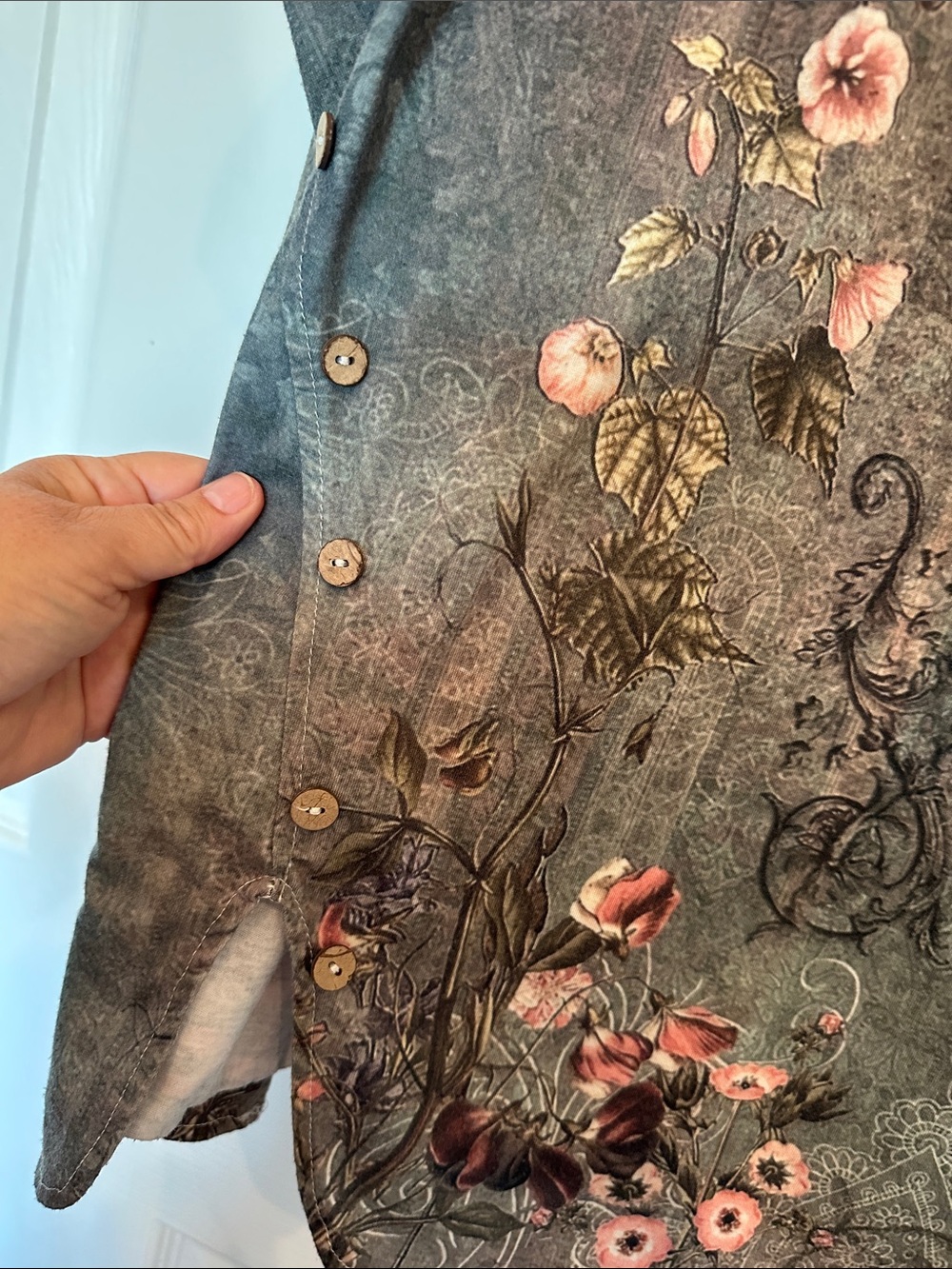 Floral Scoop Neck Long Sleeve Top - Pink Floral on Gray - Picture 4 of 4